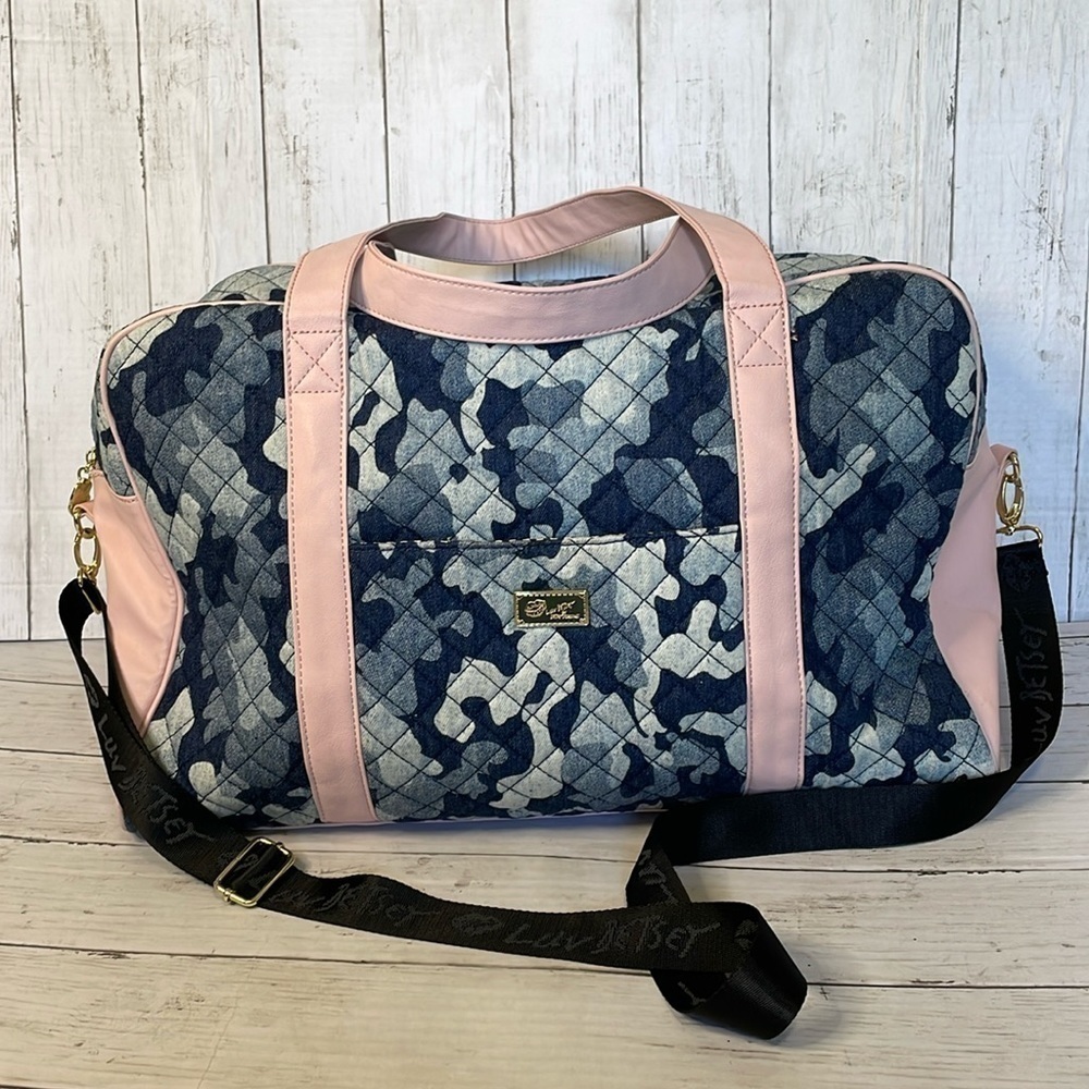 Betsey Johnson Rare Blue Camo and Pink Trim Weekender Duffel Bag